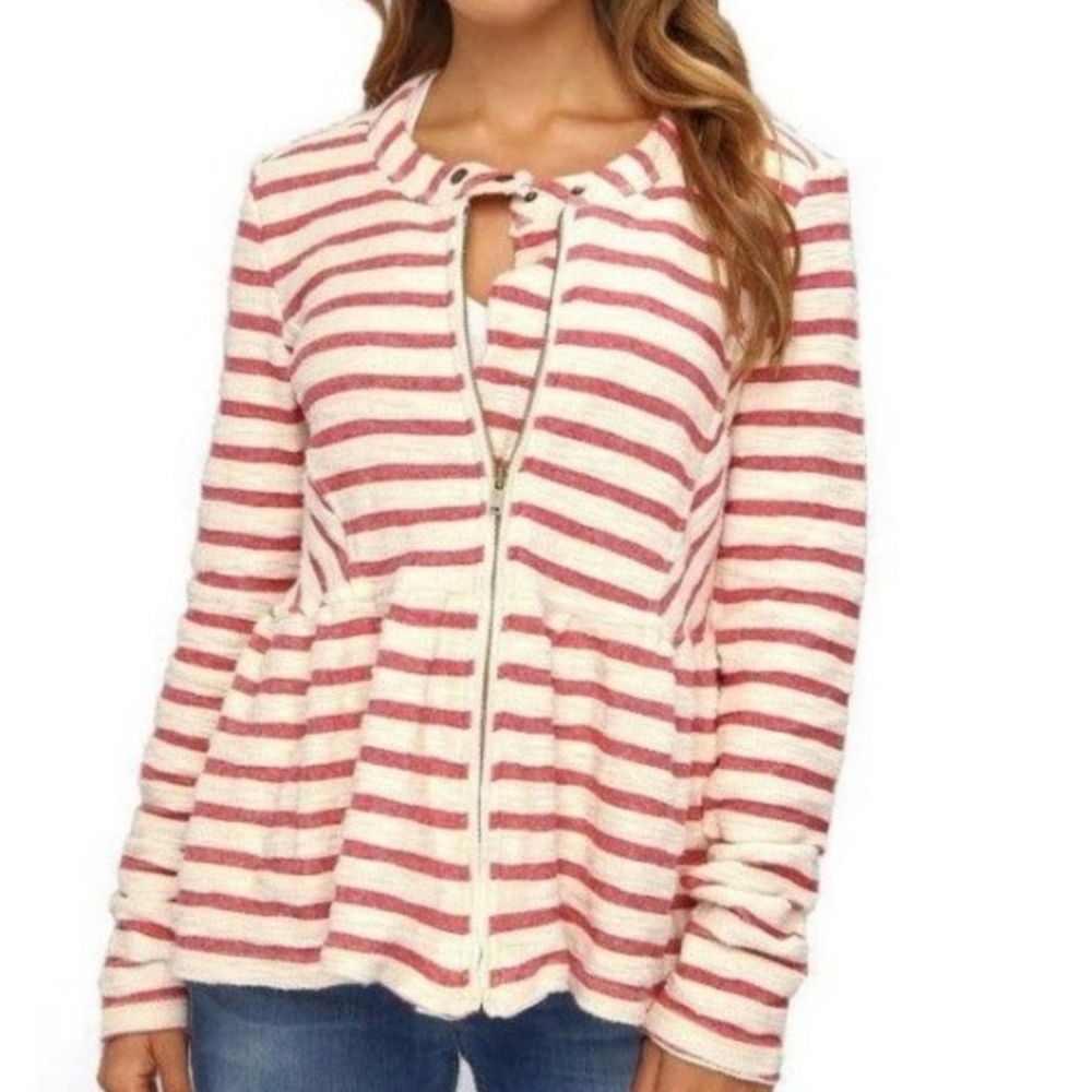 Free People‎ Full Zip Peplum Striped Tweed Jacket in Ivory/Red